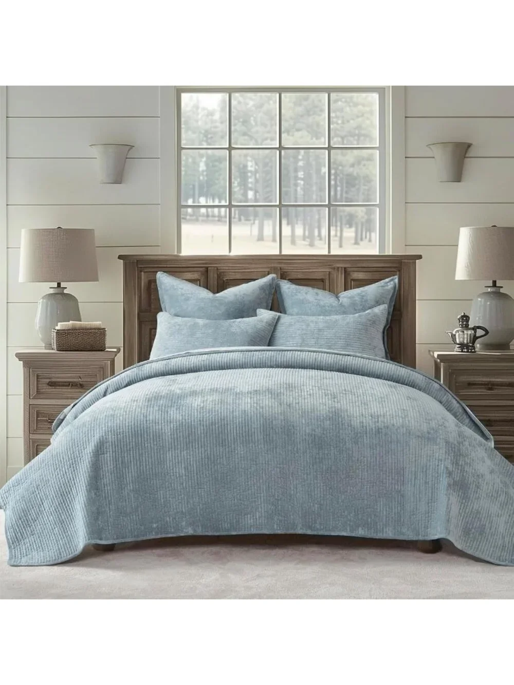 Queen Size Striped Velvet Quilt Set - Soft Blue Linen Bedding for Cozy Comfort